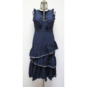 Ulla Johnson Navy Blue Rosalind Tiered Tassel Ruffle Midi Dress Size 4